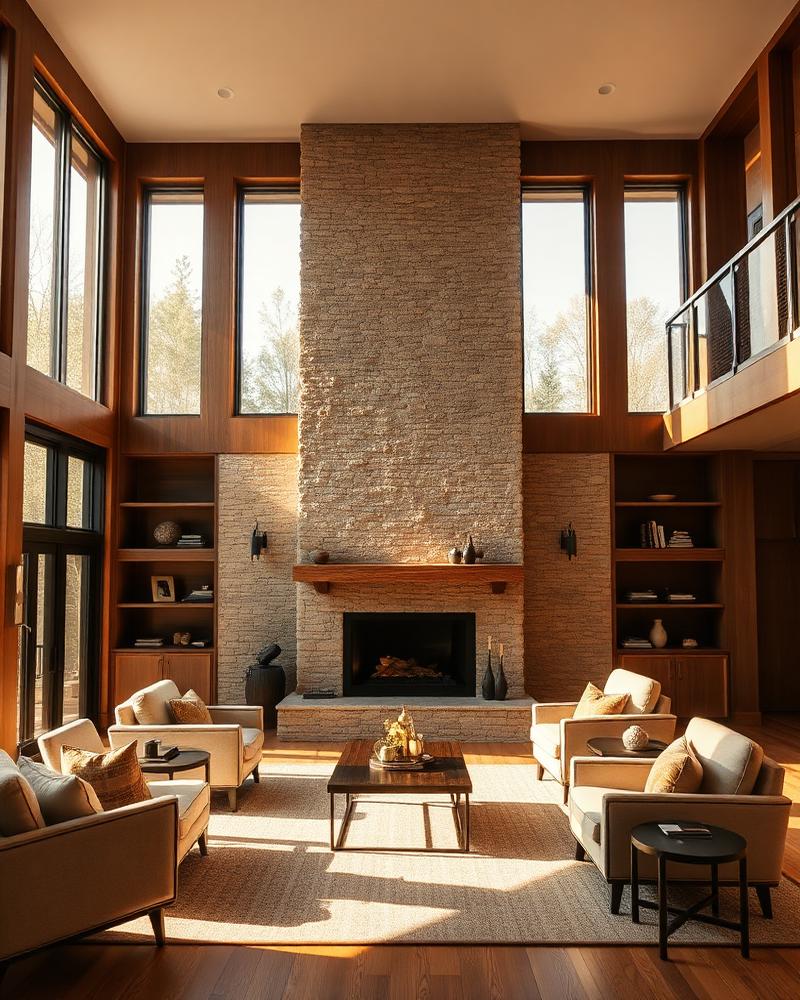 Clubhouse great room with stone hearth and tall windows