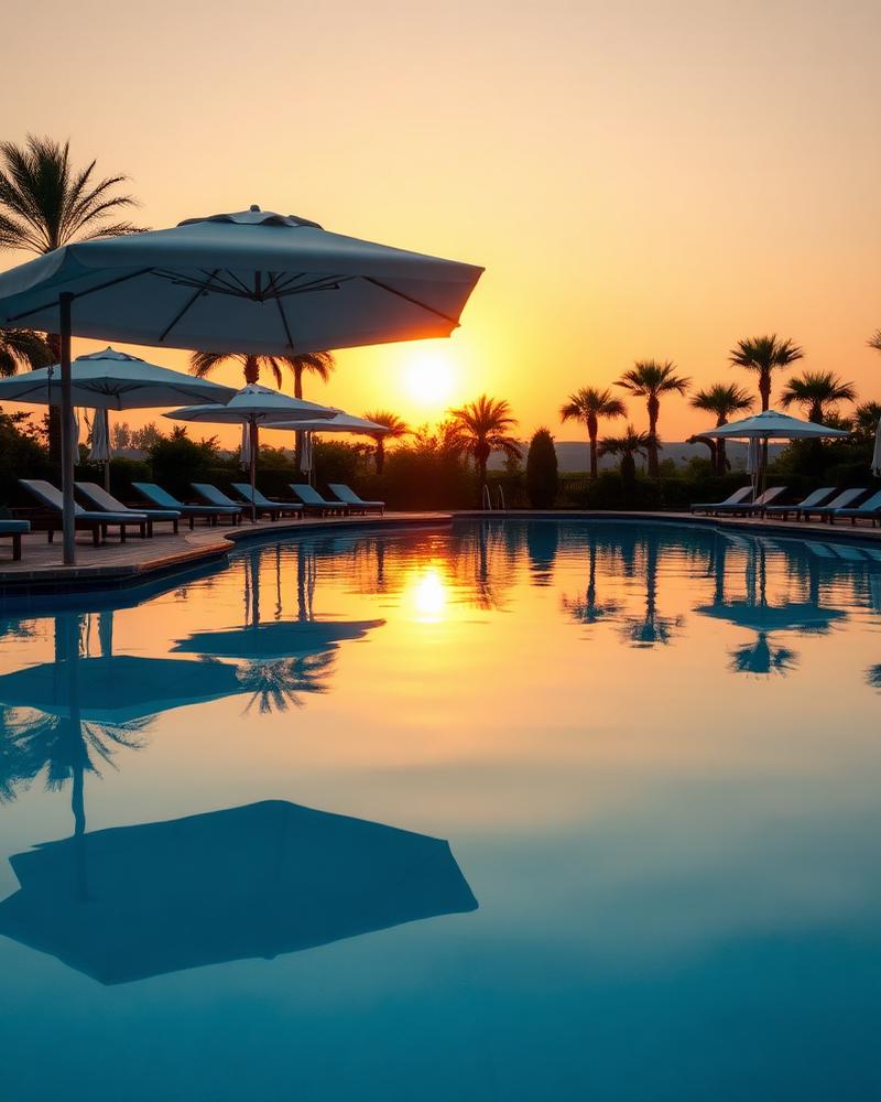 Still pool water reflecting the setting sun