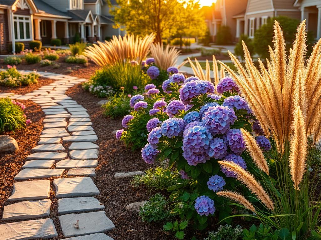 Community garden path with blooming hydrangeas