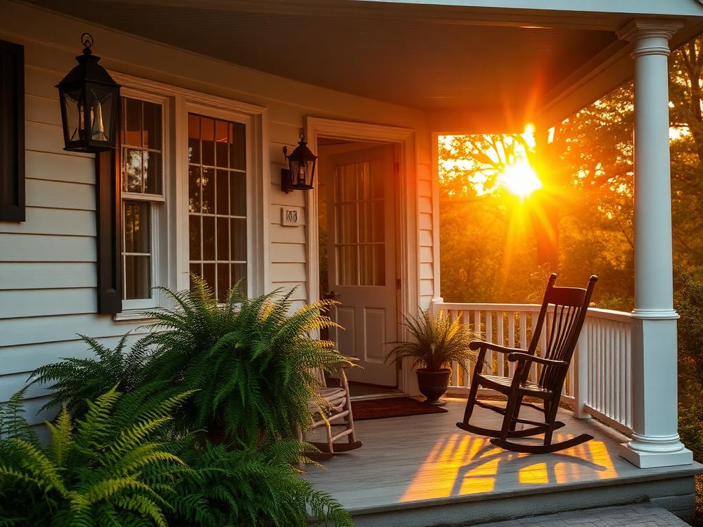 Front porch with rocking chairs at sunset