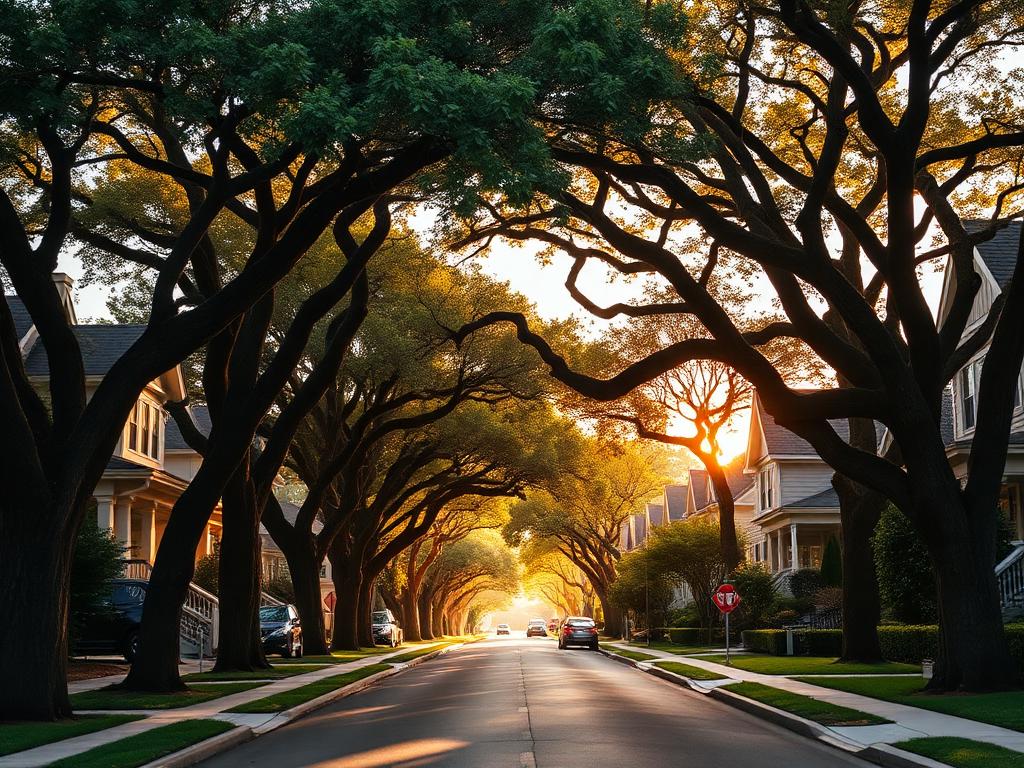 Tree-lined street of Avalon homes at golden hour