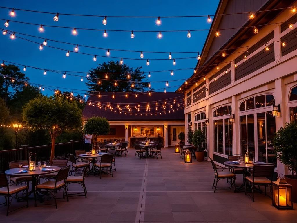 Clubhouse terrace with string lights at dusk