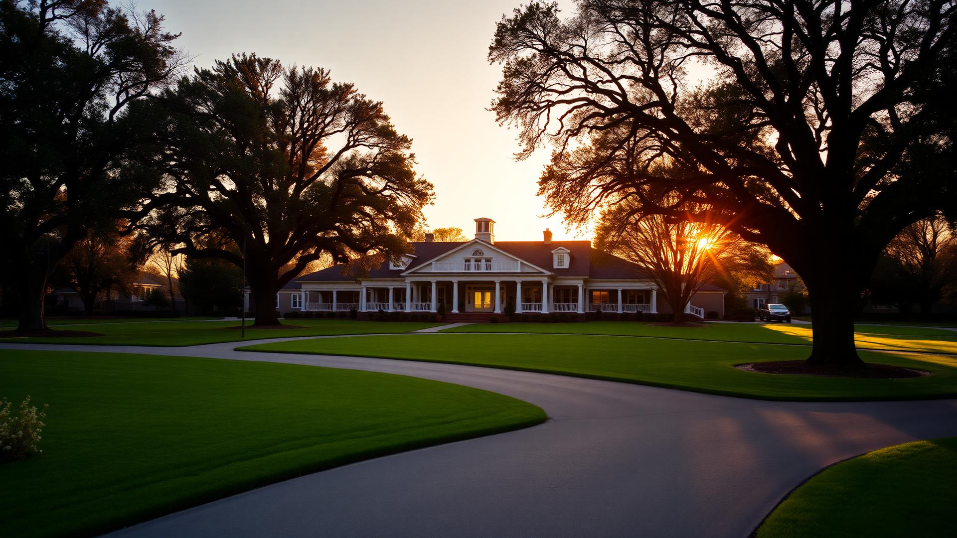 The Avalon clubhouse framed by mature oaks at golden hour