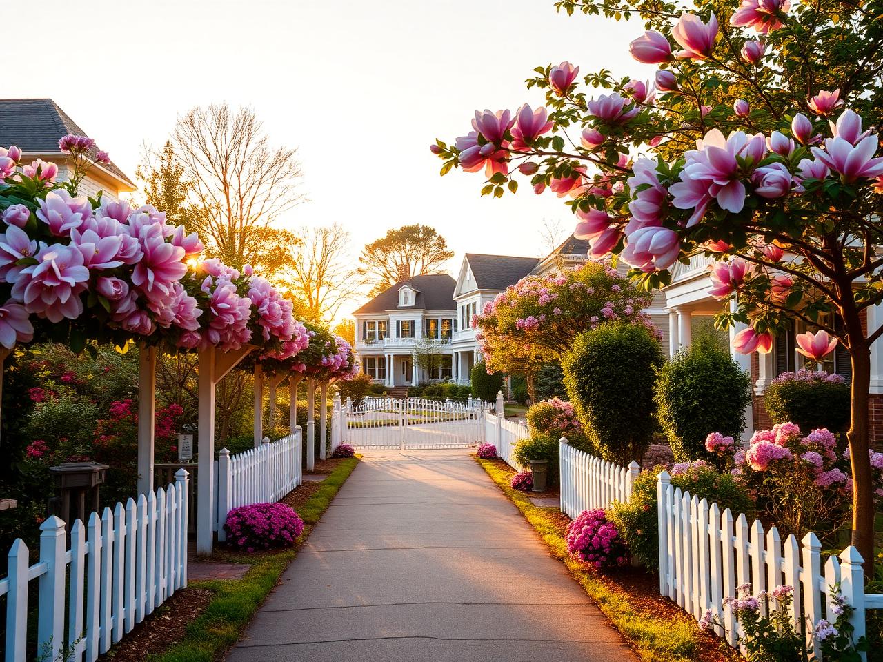 A garden street with rose arbors and white picket fences in bloom