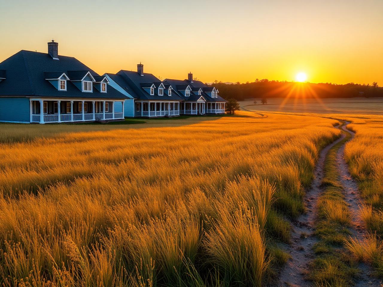 Homes with wide porches beside a golden wildflower meadow at sunset