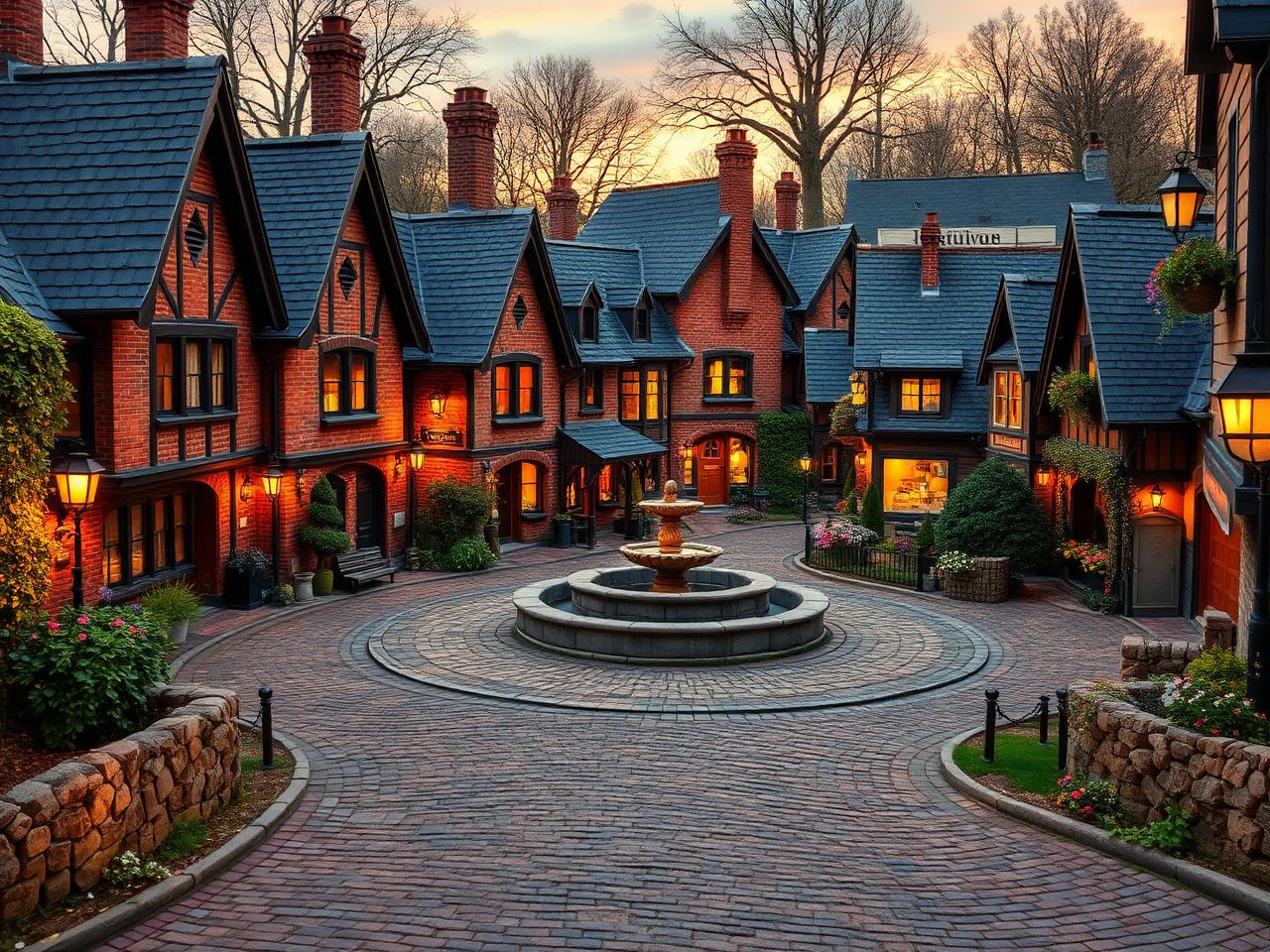 Cobblestone village square with brick cottages and a fountain at dusk