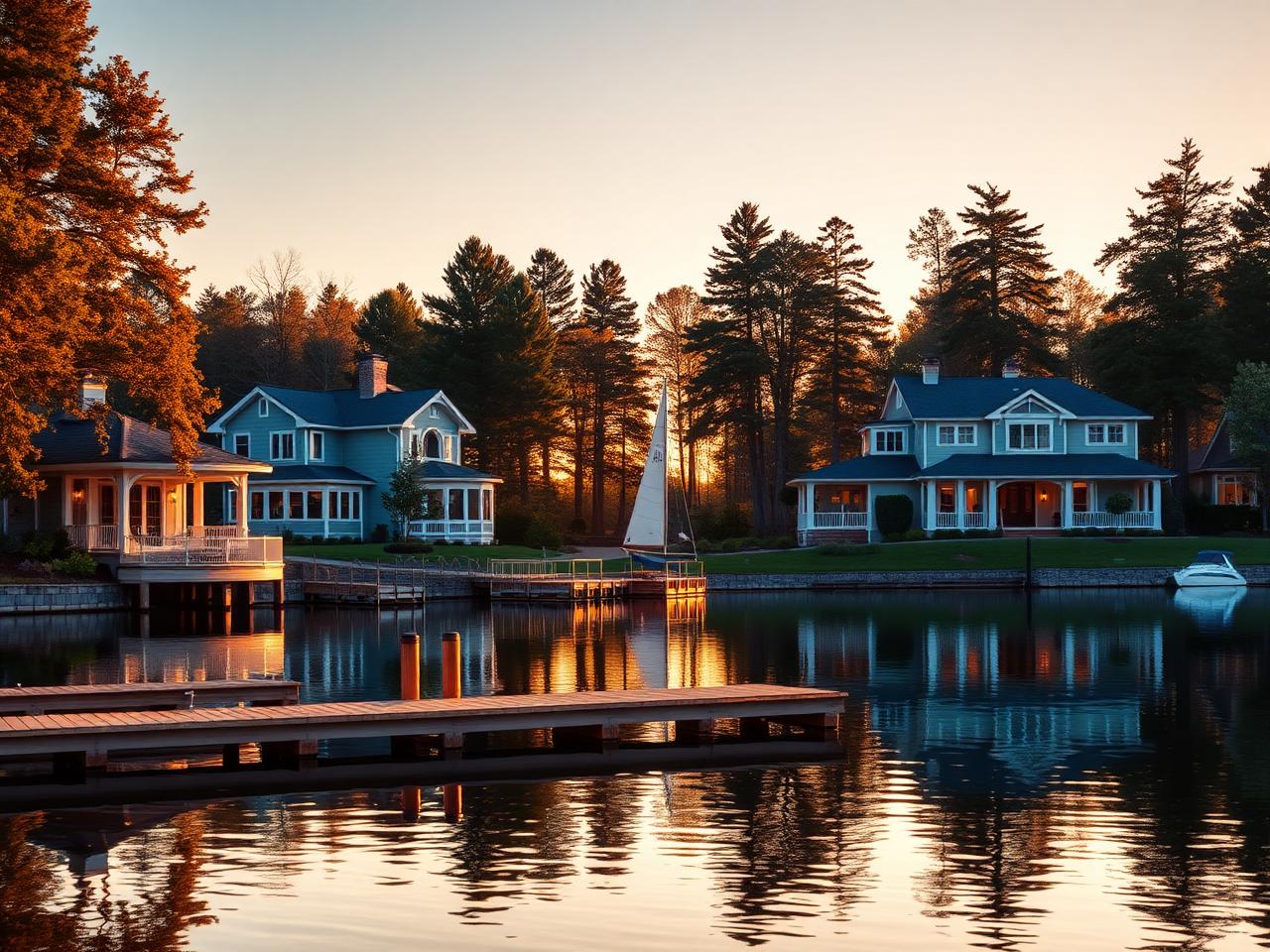 Lakefront homes with private docks on Lake Avalon at golden hour