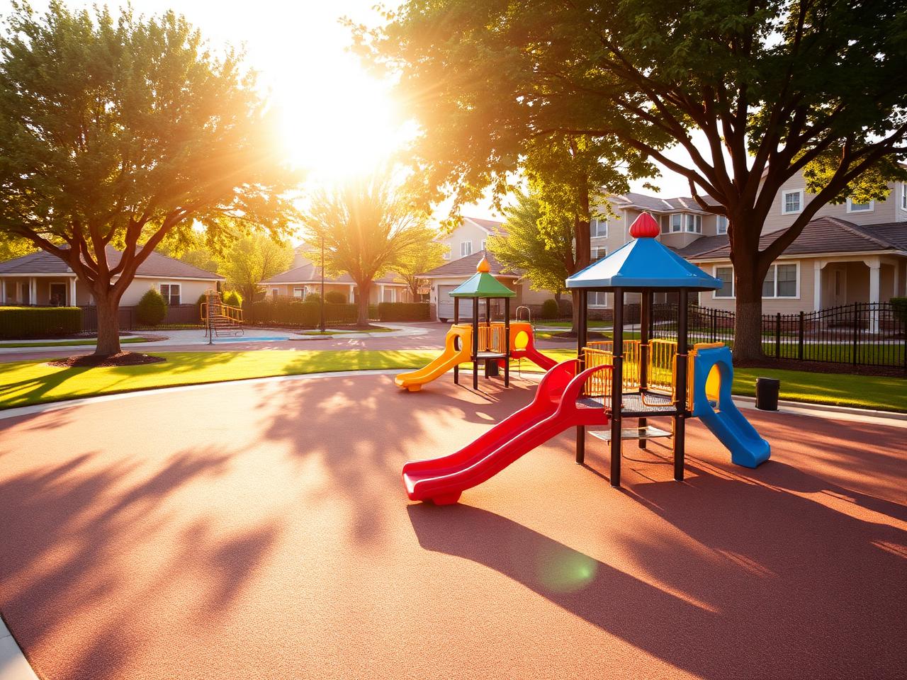 Sunlit neighborhood playground at an early learning center