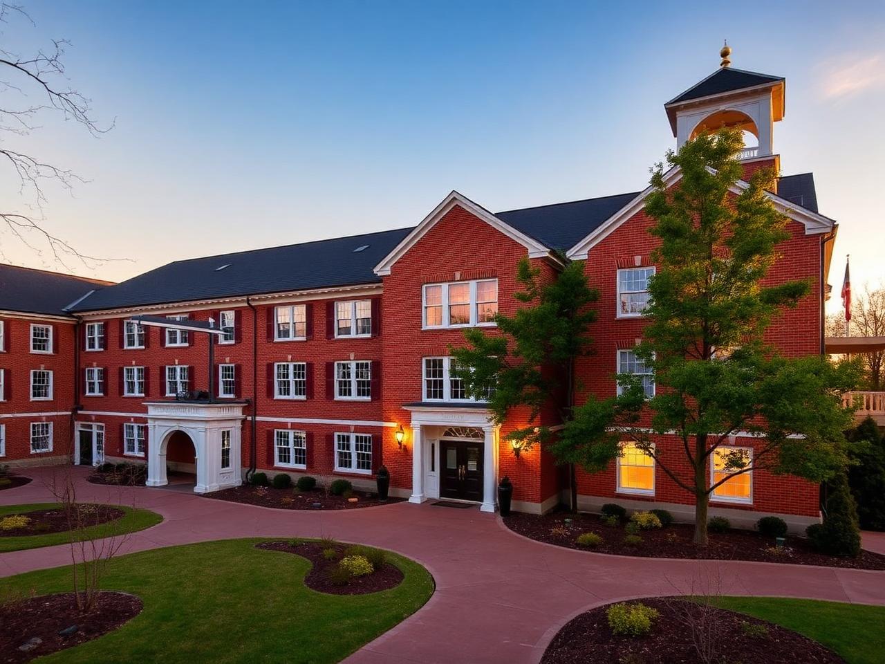 Traditional brick private school campus with bell tower